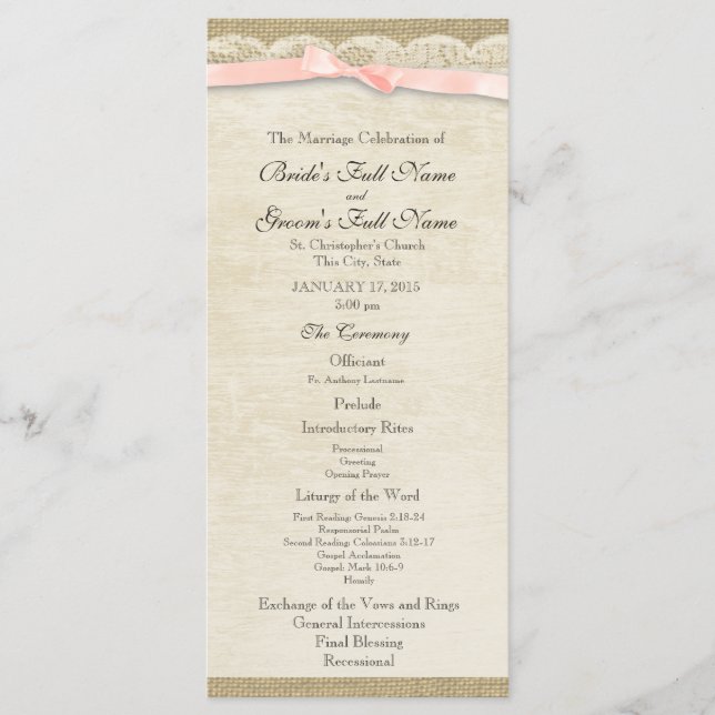 Vintage Lace and Blush Bow Wedding Program (Front)