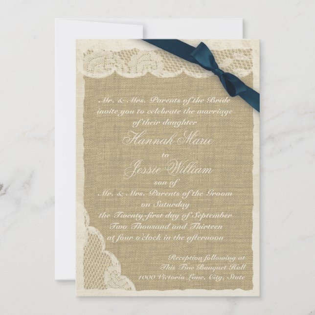Vintage Lace and Burlap Navy Blue Ribbon Invitation (Front)
