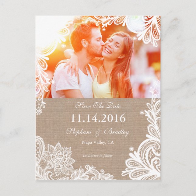 Vintage Lace and Burlap Save the Date Postcard (Front)
