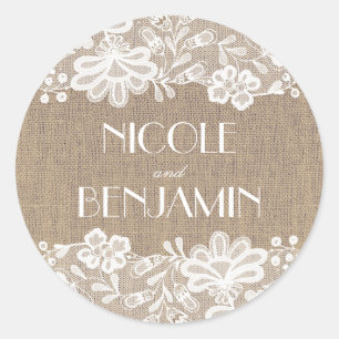 Vintage Lace and Burlap Wedding Classic Round Sticker