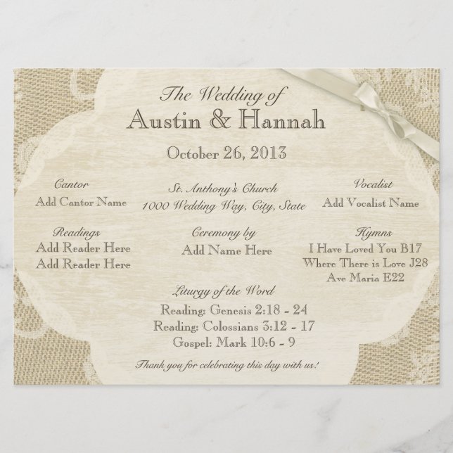 Vintage Lace and Burlap Wedding Program Card (Front)