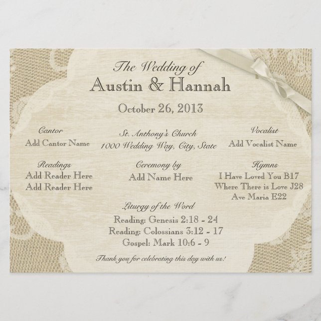 Vintage Lace and Burlap Wedding Program Card (Front)