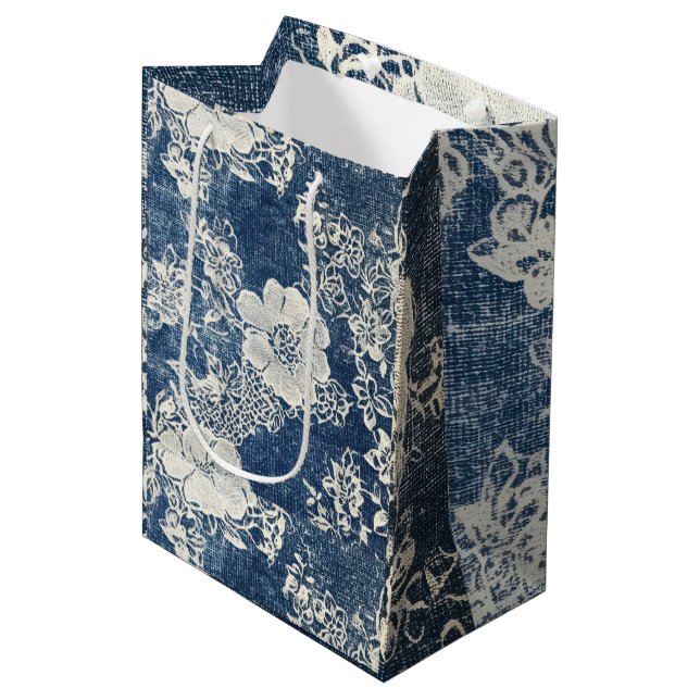  Vintage Lace and Denim Texture Medium Gift Bag (Front Angled)