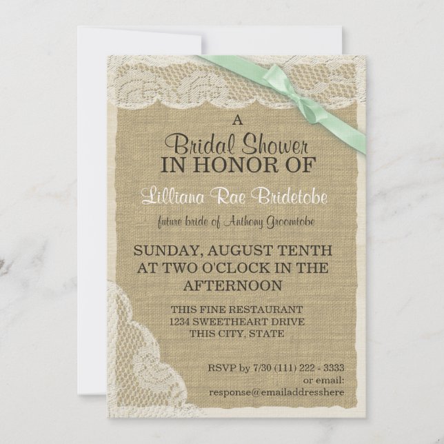 Vintage Lace and Green Bow Bridal Shower Invitation (Front)