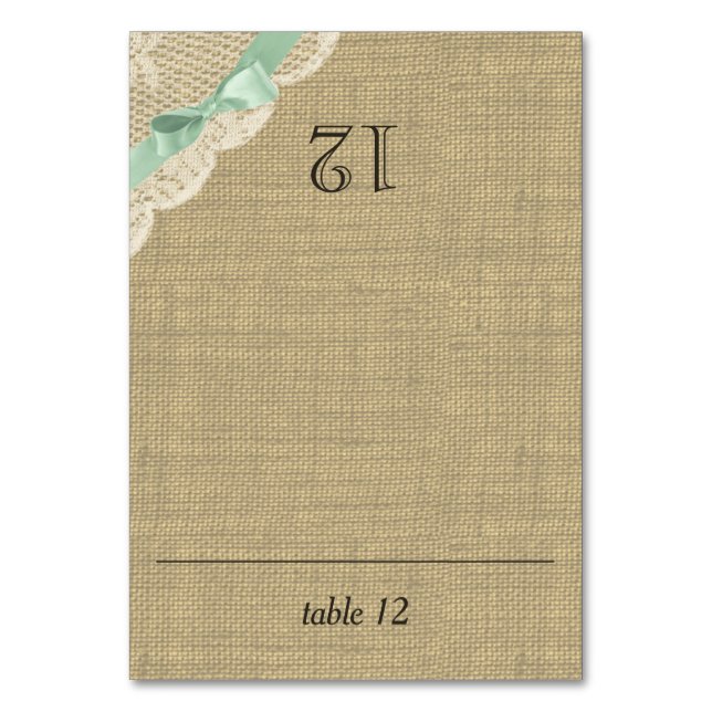Vintage Lace and Mint Bow Burlap Seating Card (Front)