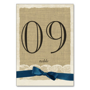 Vintage Lace and Navy Blue Bow Table Number Card