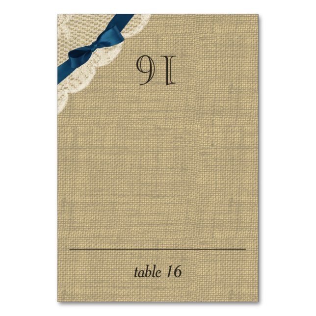 Vintage Lace and Navy Bow Burlap Seating Card (Front)