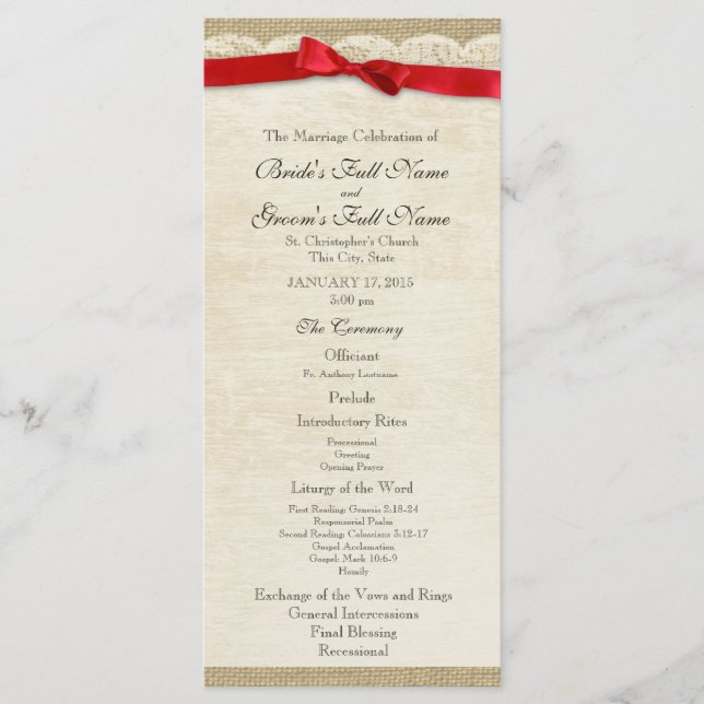 Vintage Lace and Red Bow Wedding Program (Front)