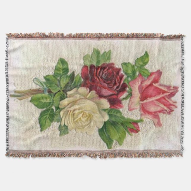 Vintage Lace and Roses Afghan Throw Blanket (Front)