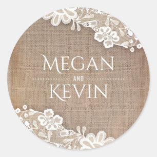 Vintage Lace and Rustic Burlap Wedding Classic Round Sticker