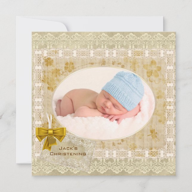 Vintage Lace Baby Boy Photo Baptism Christening Invitation (Front)