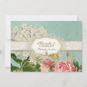 Vintage Lace Blue Elegant White Hydrangea n Roses Invitation