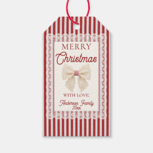 Vintage Lace Bow Retro Red Stripes Christmas Party Gift Tags