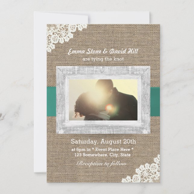 Vintage Lace & Burlap Custom Photo Wedding Invitation (Front)
