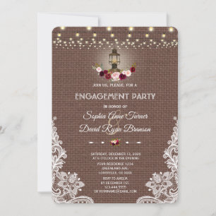 Vintage Lace Burlap String lights Engagement Party Invitation