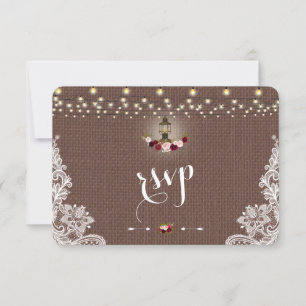 Vintage Lace Burlap String Lights Wedding RSVP Card