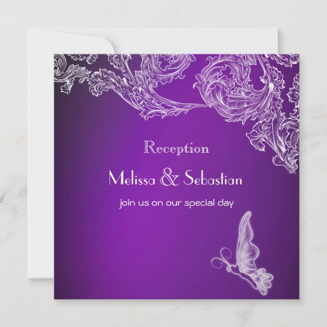 VINTAGE LACE & BUTTERFLIES PURPLE OMBRÉ Reception Invitation (Front)