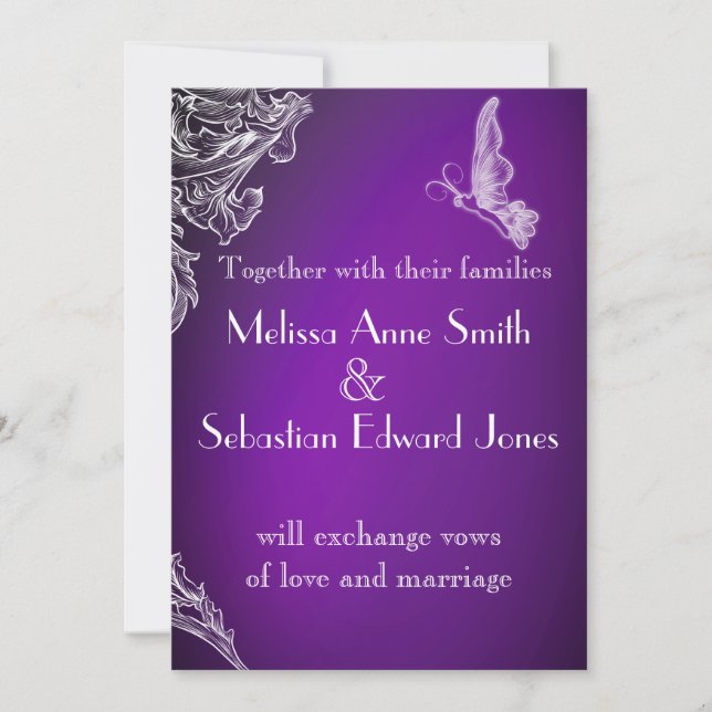 VINTAGE LACE & BUTTERFLIES PURPLE OMBRÉ Wedding Invitation (Front)