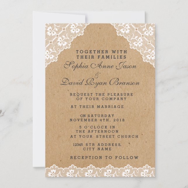 Vintage Lace Craft Paper Wedding Invitation (Front)