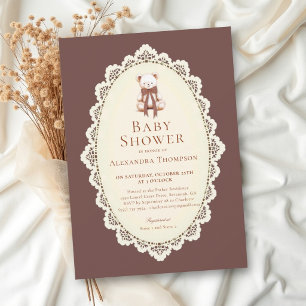 Vintage Lace Doily Brown Teddy Bear Baby Shower Invitation