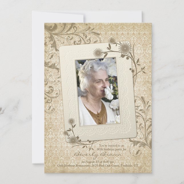 Vintage Lace Floral Photo 80th Birthday Invitation (Front)