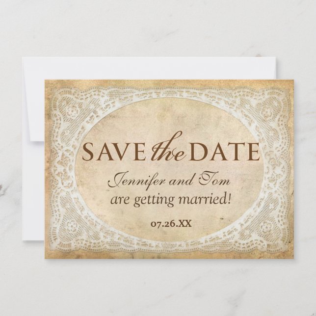 Vintage Lace Frame Rustic Save the Date Card (Front)
