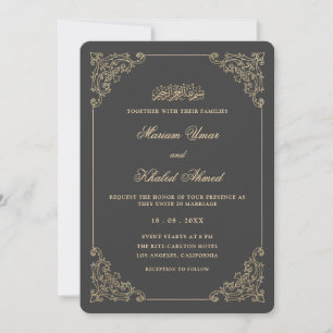 Vintage Lace Gold Charcoal Grey Muslim Wedding Invitation