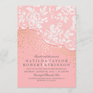 Vintage Lace Gold Confetti Pink Wedding Invitation
