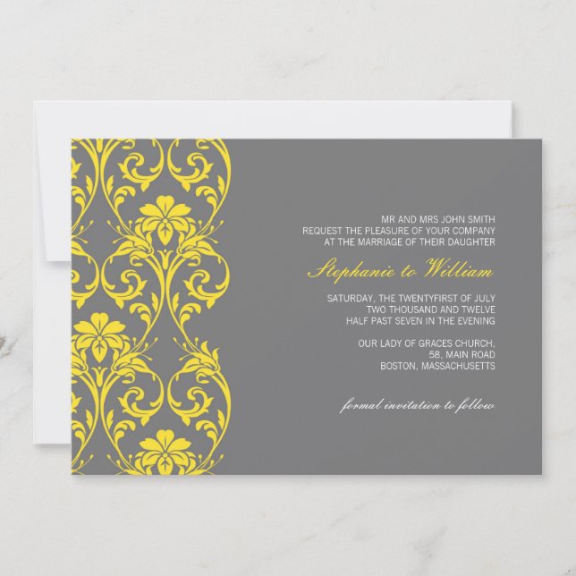 Vintage Lace Grey and Yellow Wedding Invitation (Front)