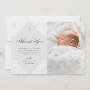 Vintage Lace Grey Baptism Thank You Card