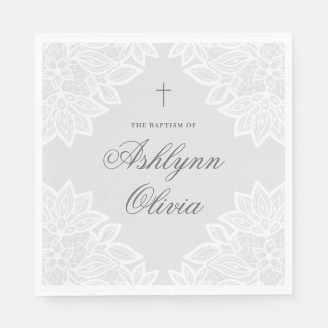 Vintage Lace Grey Christening Baptism Napkin (Front)