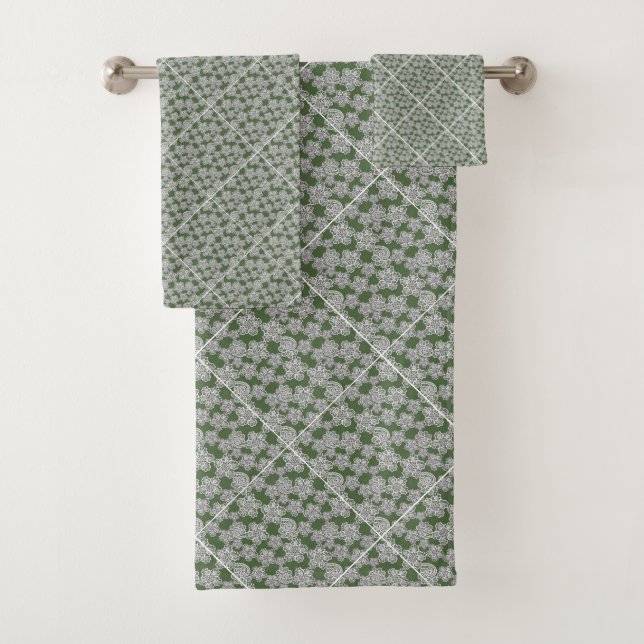 VINTAGE LACE GRID GREEN BATH TOWEL SET (Insitu)