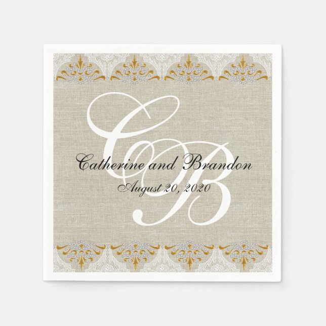 Vintage Lace Linen Rustic Wedding Paper Napkins (Front)