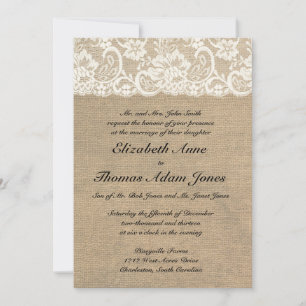 Vintage Lace Look & Burlap Look Wedding Invitation