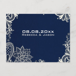 vintage lace navy blue wedding save the date announcement postcard