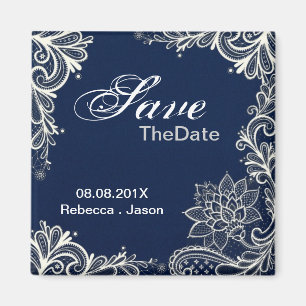 vintage lace navy blue wedding save the date magnet