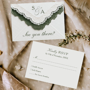 Vintage Lace Olive Green Mail-In Unique Wedding RSVP Card