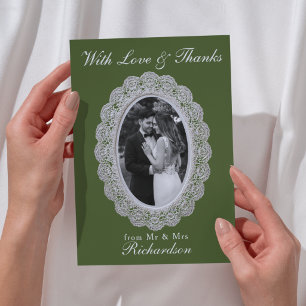 Vintage Lace Olive Green Photo Wedding   Thank You Card