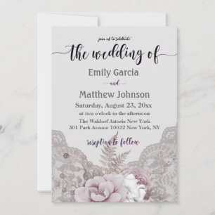 Vintage Lace Pastel Floral Rose Grey Wedding Invitation