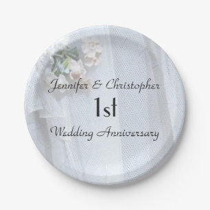 Vintage Lace Pastel Flower 1st Wedding Anniversary Paper Plate