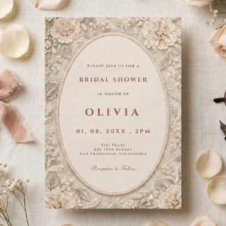 Vintage Lace Pearl Oval Cream Bridal Shower Invitation