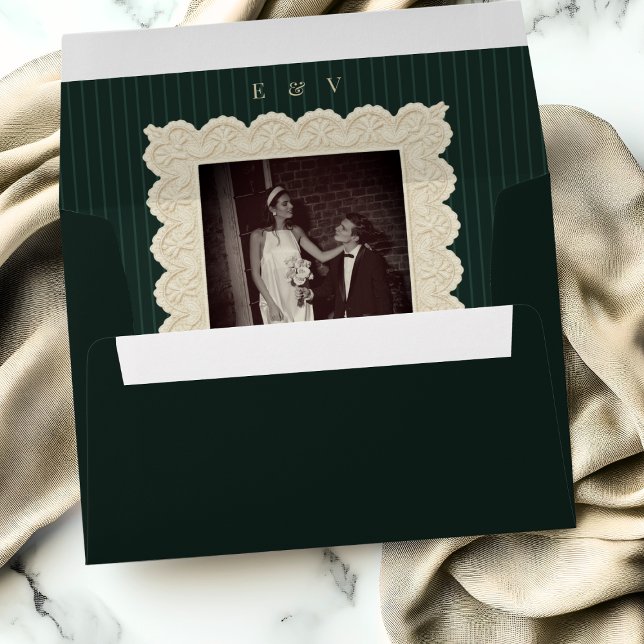 Vintage Lace Photo Monogram Stripes Retro Wedding Envelope (Creator Uploaded)