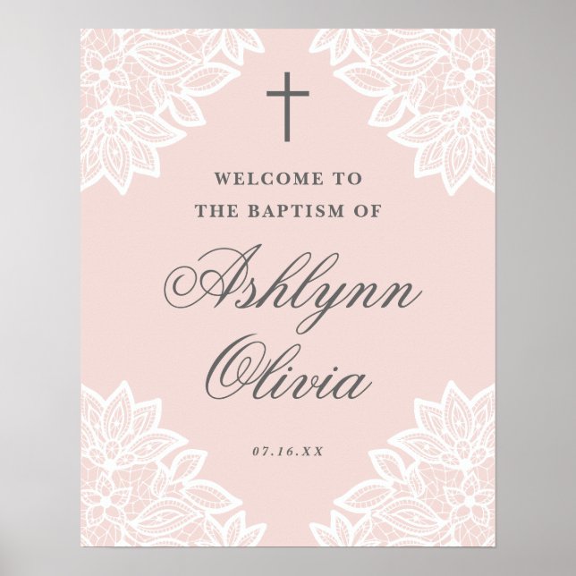 Vintage lace pink baptism welcome sign (Front)