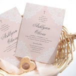 Vintage Lace Pink Religious Baptism & Christening Announcement<br><div class="desc">An elegant baptism invitation featuring soft white lace corners on a blush pink background.</div>