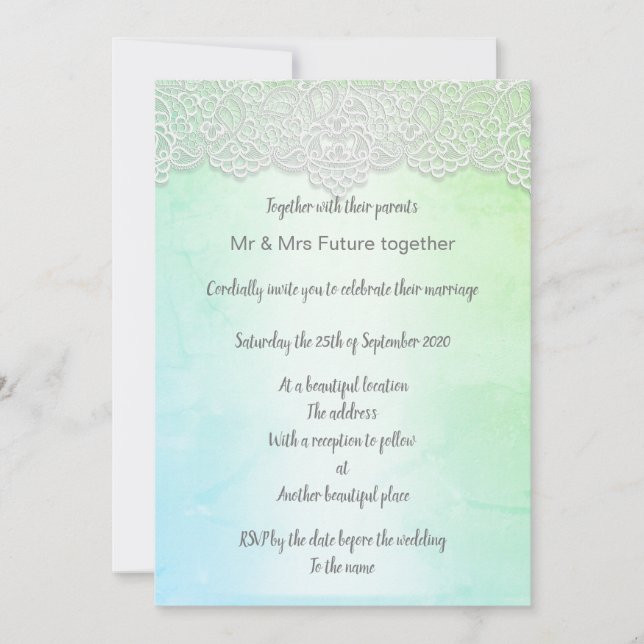 Vintage lace pretty green blue elegant wedding invitation (Front)