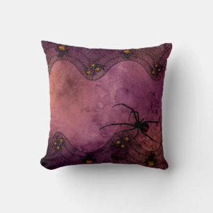 Vintage Lace Purple Halloween Black Widow Spider Throw Pillow