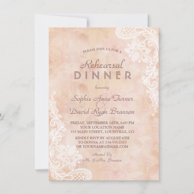 Vintage Lace Roses Old Paper Rehearsal Dinner Invitation (Front)