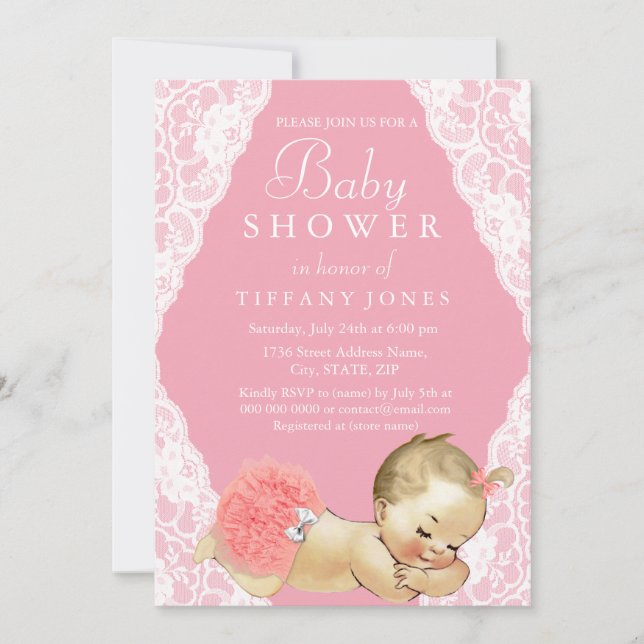 Vintage Lace Rustic Pink Baby Shower Invite (Front)