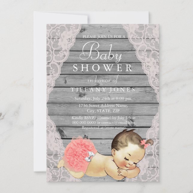 Vintage Lace Rustic Wood Girl Baby Shower Invite (Front)