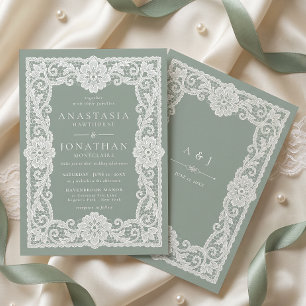 Vintage Lace Sage Green Wedding Invitation